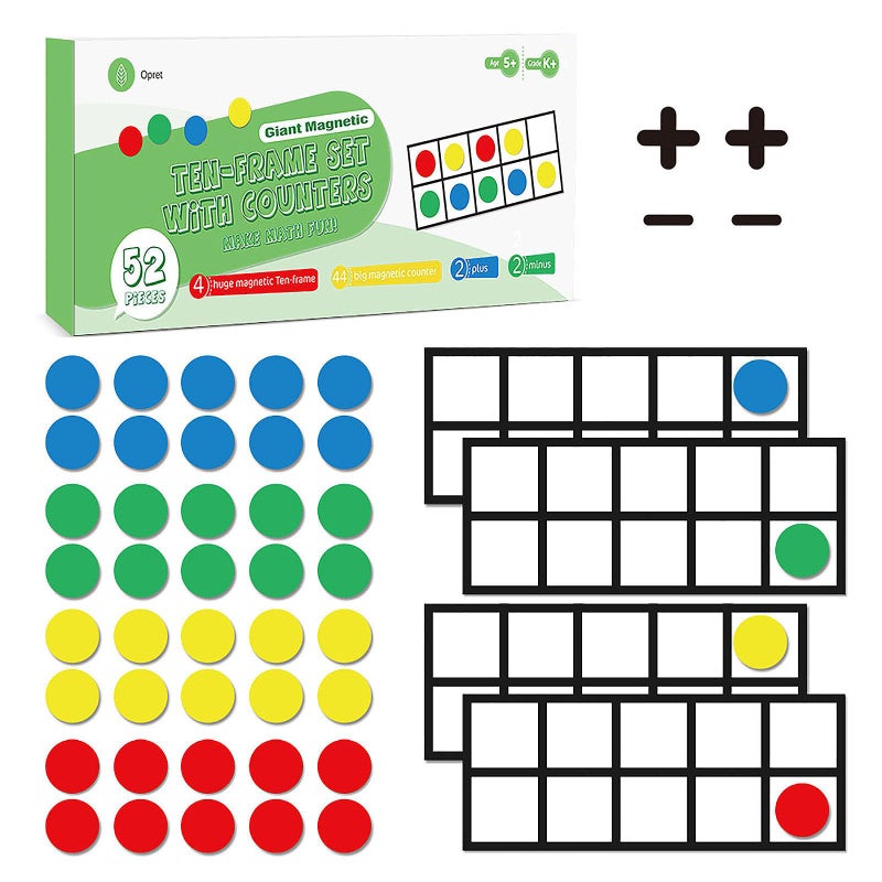 Opret Big Magnetic Ten Frame Set, Opret 52 Pieces Math Manipulatives for Elementary, Kindergarten Classroom Must Haves Math Games with Storage Bag, Ages 5+, 4 Frames, 44 Counters, 2 Plus and 2 Minus - Image 1